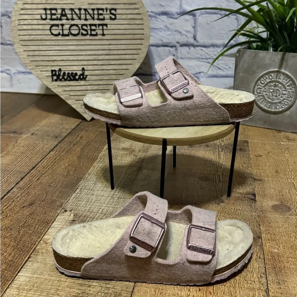 Birkenstock ARIZONA Double WOOL SLIDE Sandal Blush Pink Unisex 34‎ narrow